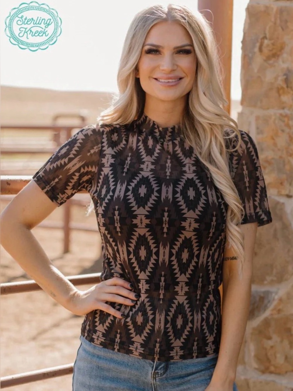 Sterling Kreek Western Hearts On Fire Aztec Mesh Top Brown Black Tan